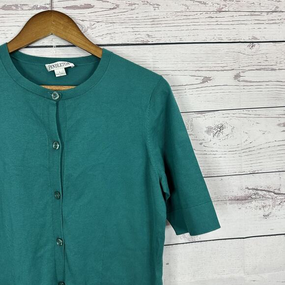 Pendleton Sweater Womens Large Blue Green Silk Blend Button Career Cardigan Knit - Picture 2 of 13